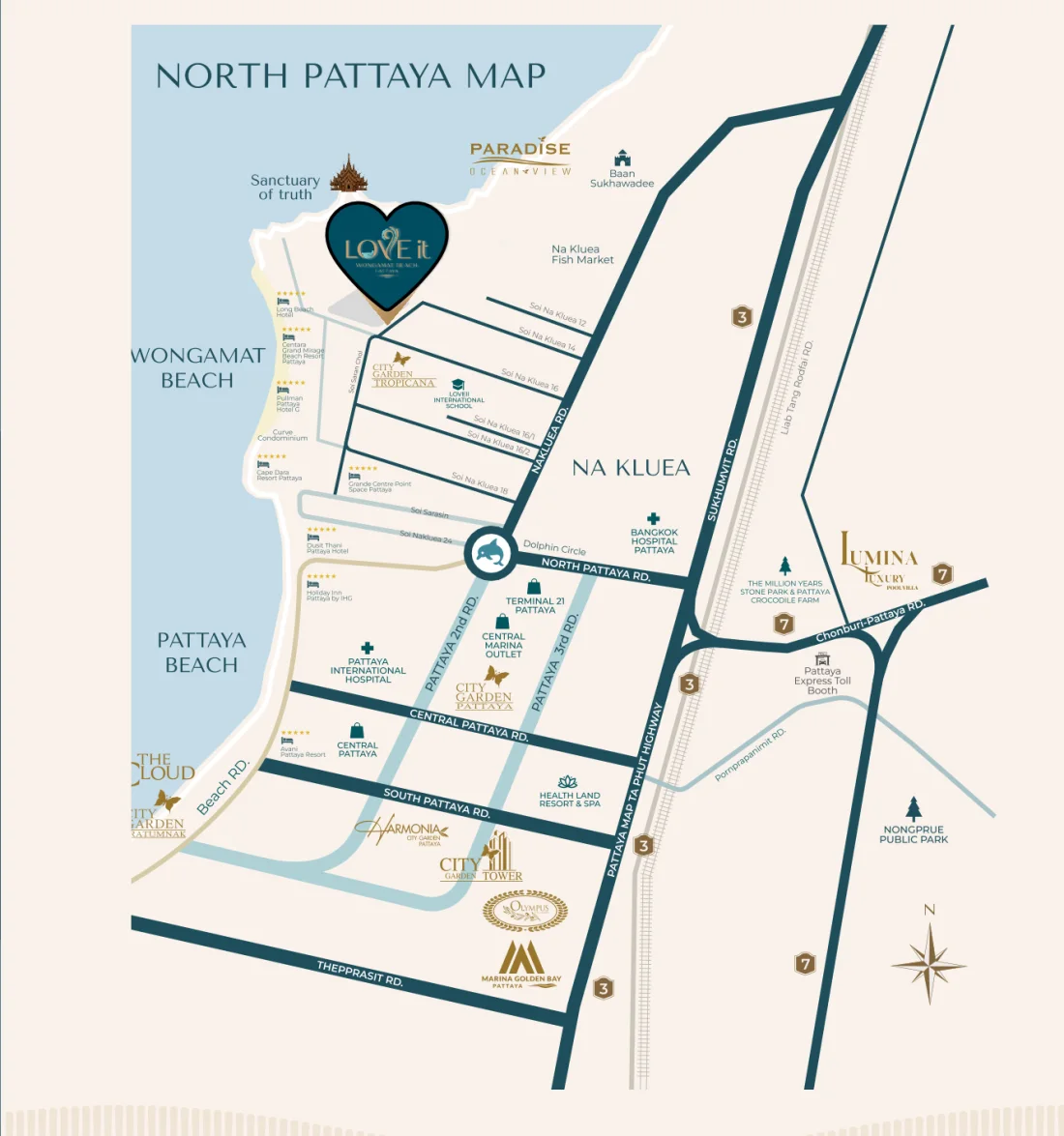 North Pattaya map showing Love It Wongamat Beach near Wongamat Beach and the Sanctuary of Truth