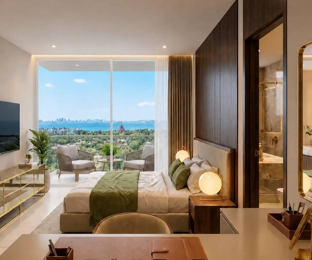 Love It Wongamat Beach bedroom with workspace and sea view