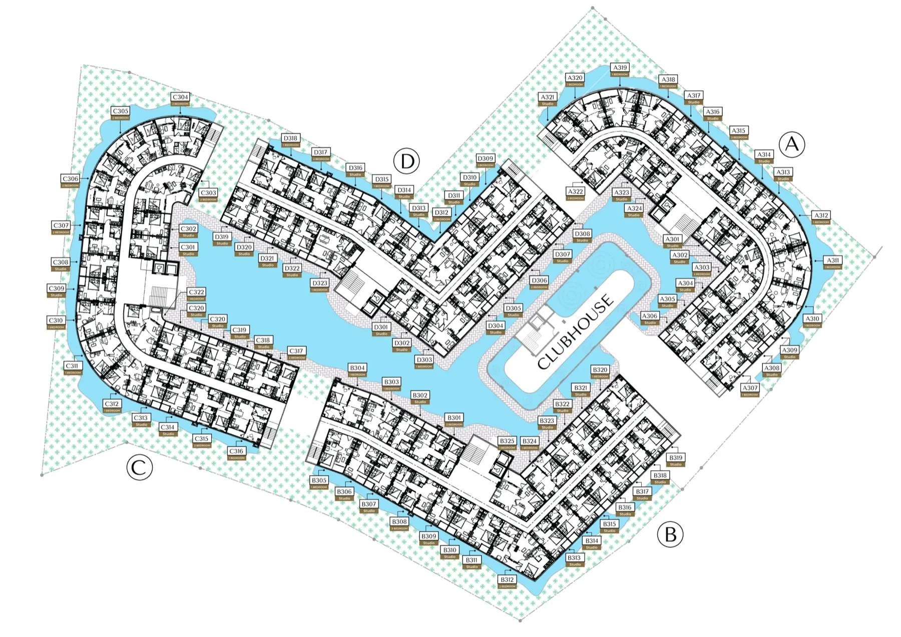 Love It Wongamat Beach master plan with buildings A, B, C, D and the inner garden