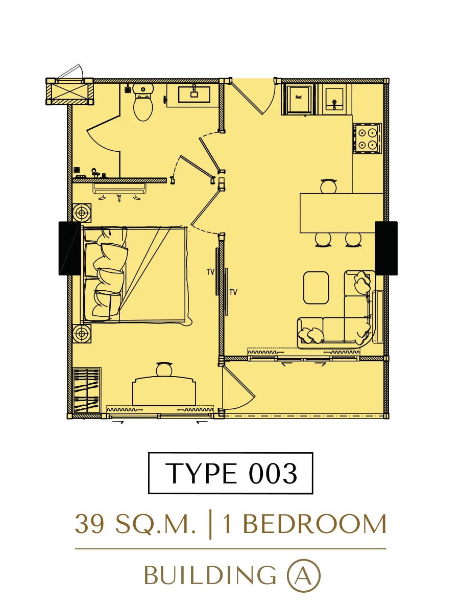 1-bedroom floor plan, 39 sqm, Building A
