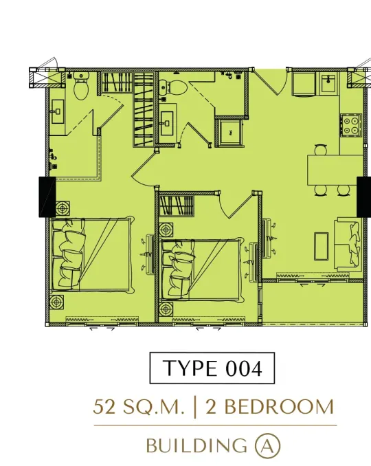 Планировка квартиры с 2 спальнями 52 м² в корпусе A