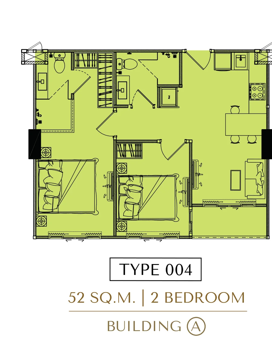 2-bedroom floor plan, 52 sqm, Building A