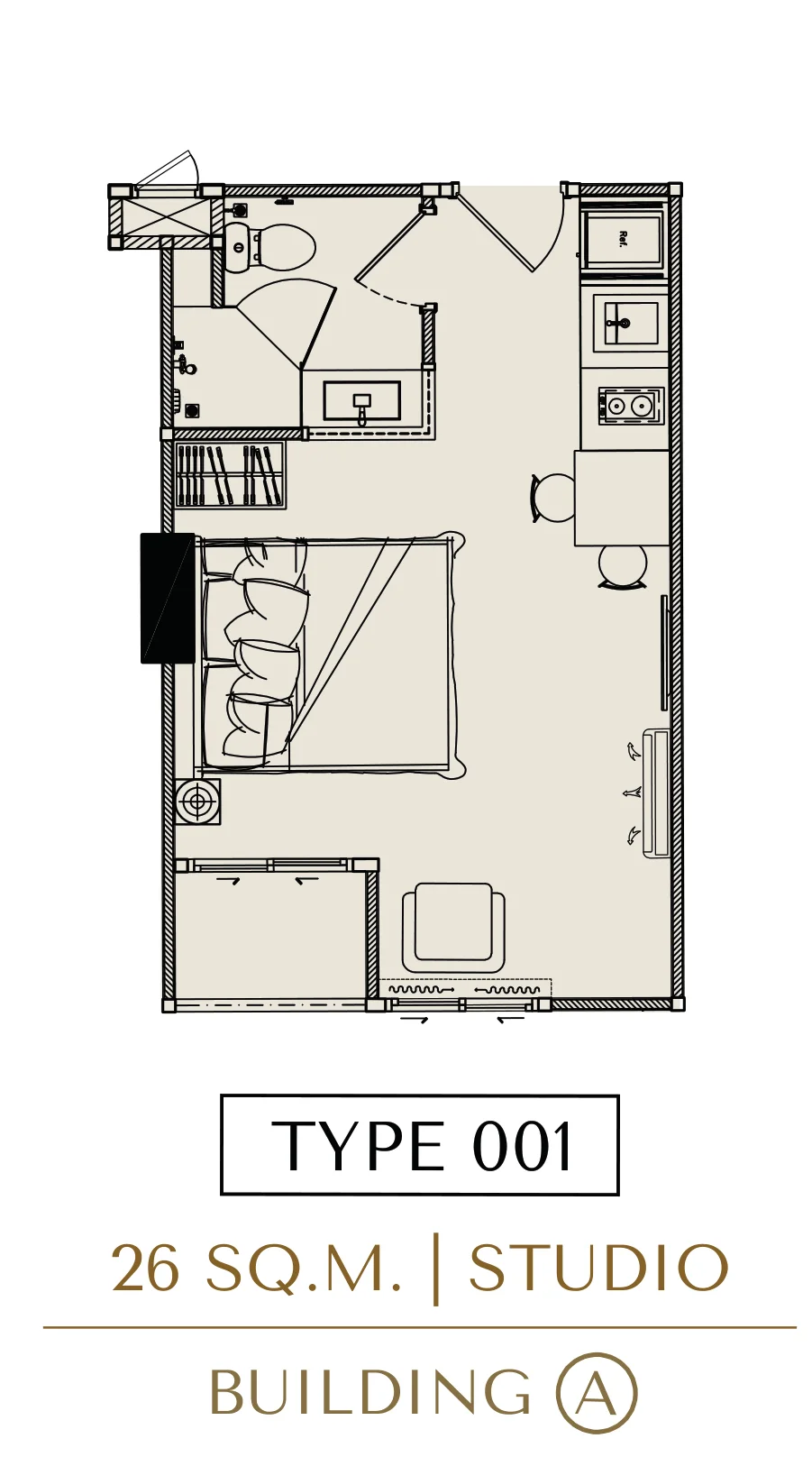 Studio floor plan, 26 sqm, Building A